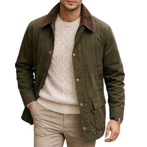 J Crew Field Jacket Mens L Green Coat Corduroy Collar Heritage Snap Barn